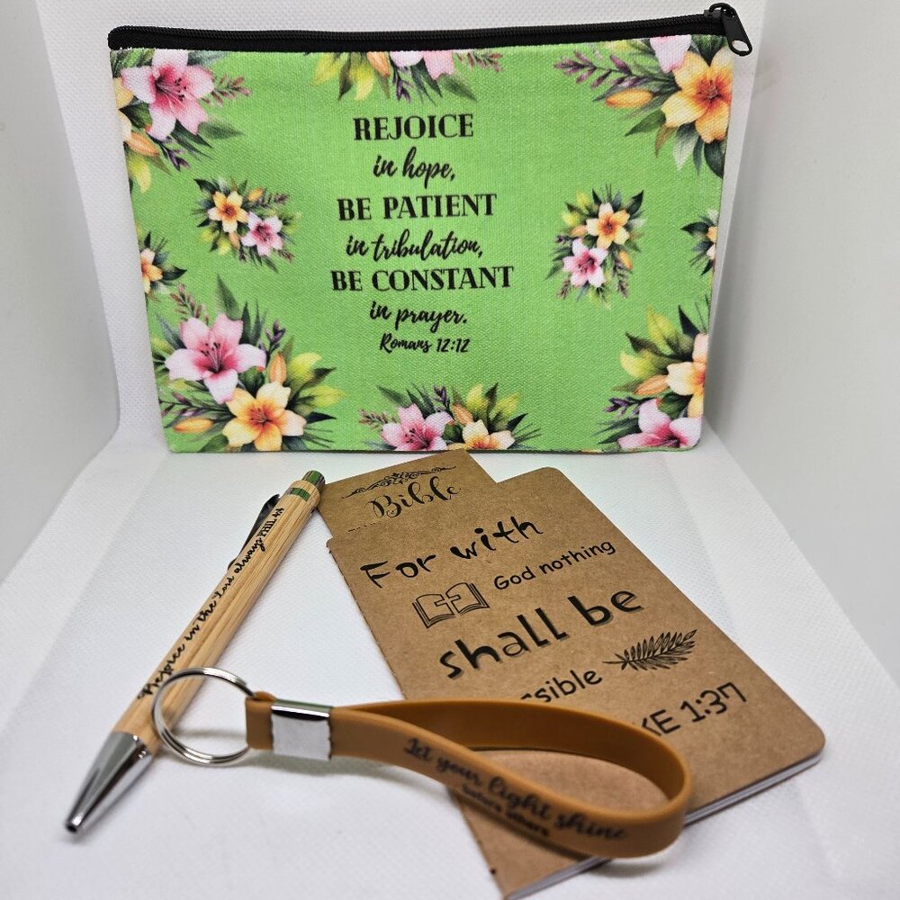 NEW INSPIRATIONAL FAITH CANVAS POUCH, NOTEPAD, PEN, BOOKMARK & KEYCHAIN GIFT SET